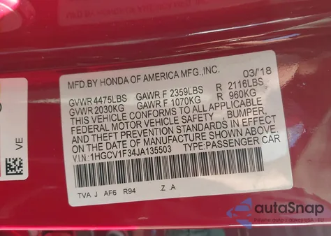 2018 Honda Accord Sport from USA, damaged, VIN 1HGCV1F34JA135503